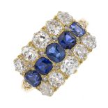 A late Victorian 18ct gold sapphire and diamond three-row dress ring