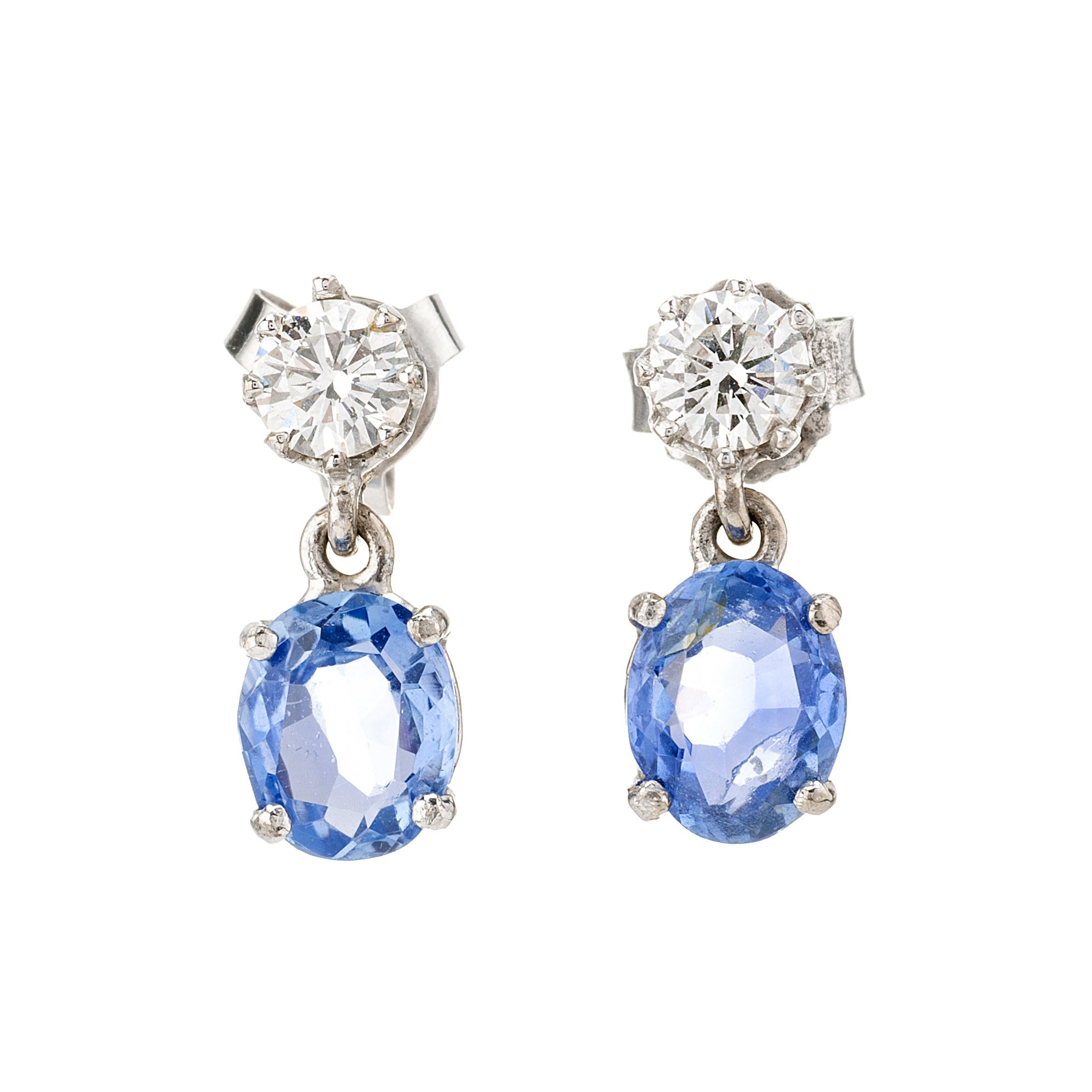 A pair of sapphire and diamond drop earrings