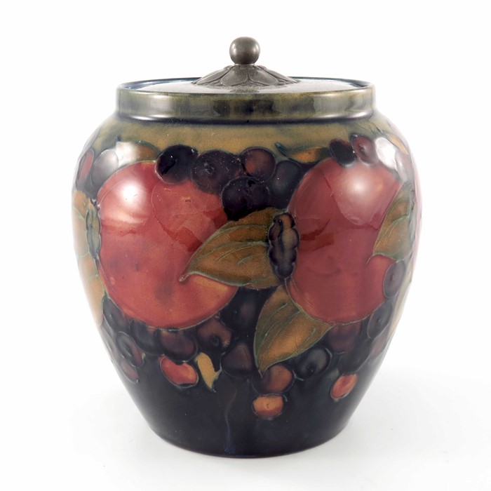 William Moorcroft, a Pomegranate on ochre and blue jar with pewter cover - Image 4 of 5