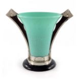 An Art Deco moulded glass, chrome and macassar vase