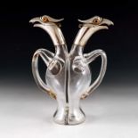 A Victorian novelty silver mounted glass double cruet bottle, Hukin and Heath, Birmingham 1894