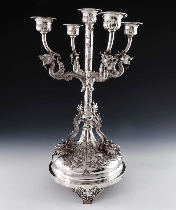 A Chinese silver five light candelabrum, Wang Hing, Hong Kong circa 1900 - Image 2 of 6