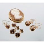 Four pairs of 9ct gold gem-set earrings and a cameo brooch