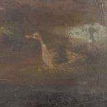 English School (18th century), Farmyard Scene with Ducks and Poultry, two oil on leather fragments,