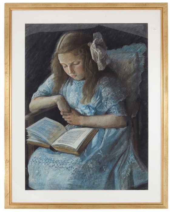 British School (early 20th century), Portrait of a Child Reading, possibly Elizabeth Bowes-Lyon (Que