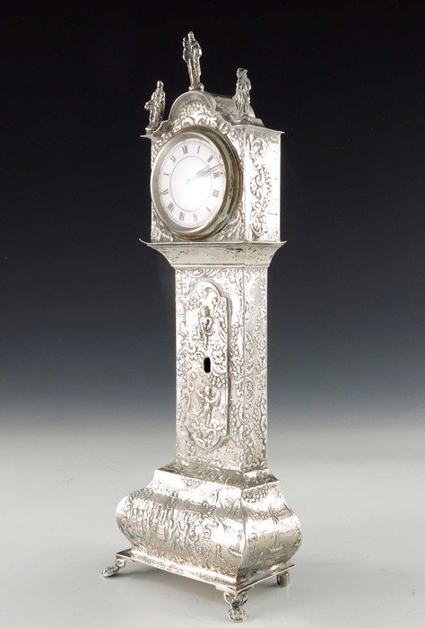 A 19th century Dutch silver novelty longcase clock, import marks Lewis Lewis, London 1891 - Image 5 of 7
