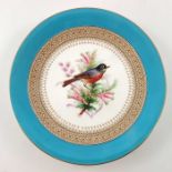 John Hopewell (attributed) for Royal Worcester, a bird painted cabinet plate, within sky blue border