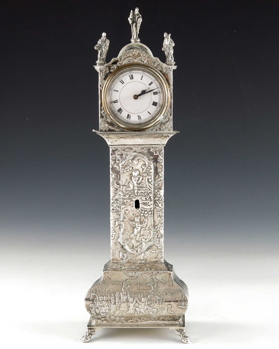 A 19th century Dutch silver novelty longcase clock, import marks Lewis Lewis, London 1891 - Image 2 of 7