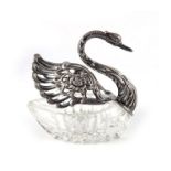 A Continental silver and glass swan bowl, E Ltd., London import marks 1981