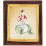 China (19th century), a woman seated on a mythical beast, gouache on paper with gilt highlights