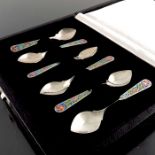 Bernard Instone, a set of six Arts and Crafts style silver and enamelled coffee spoons, Birmingham