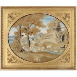 An early 19th century needlework picture of a Classical Claudian Romantic landscape
