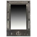 An Arts and Crafts pewter and Ruskin cabochon set mirror