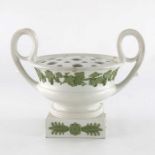 A Wedgwood green and white Jasperware vase, twin handled squat Kantharos form