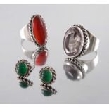 A pair of early 20th century silver chalcedony earrings and two gem-set rings