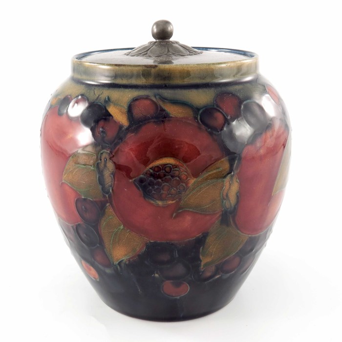 William Moorcroft, a Pomegranate on ochre and blue jar with pewter cover - Image 2 of 5