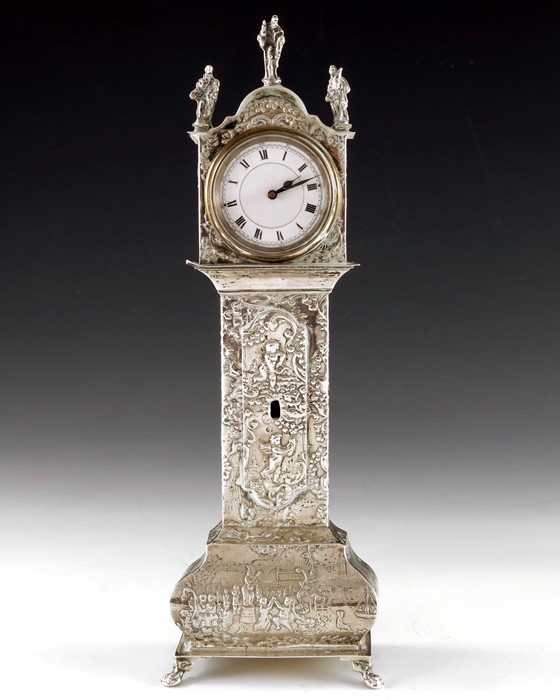 A 19th century Dutch silver novelty longcase clock, import marks Lewis Lewis, London 1891