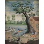 Chinese School (19th century), Ducks and Poultry by the Lake, watercolour, 18cm x 13cm, framed