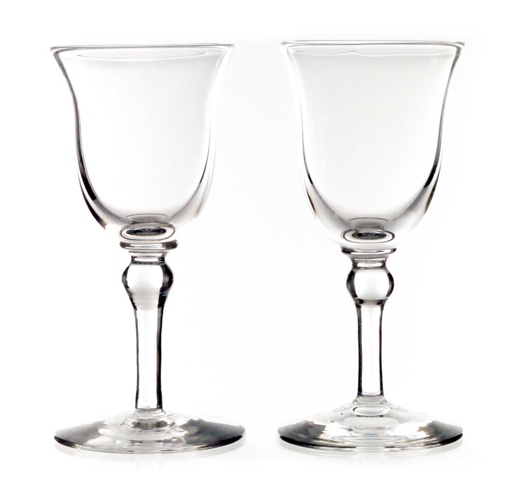 Harry Powell for James Powell and Sons, Whitefriars, a pair of Arts and Crafts liqueur glasses
