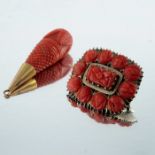 A 19th century gold and carved coral brooch, together with a carved drop pendant
