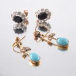 Two pairs of gold earrings, including Edwardian seed pearl and turquoise drop earrings