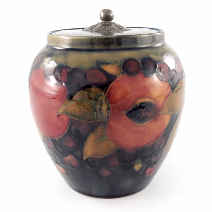 William Moorcroft, a Pomegranate on ochre and blue jar with pewter cover - Image 3 of 5