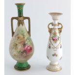Two Royal Doulton twin handled rose painted vases