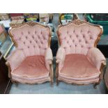 An Italianate sherwood framed four piece drawing room suite, in salmon pink buttoned fabric, 93cm hi