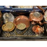 19th century copper kettle and assorted brass ware