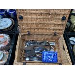 Minton blue and white pottery box, various cutlery, picnic basket