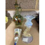 A German enamelled glass flagon, a Venetian glass candlestick and a French faience wall pocket (3)