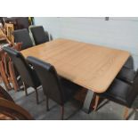 A modern elm dining table 180cm x 140cm on metal supports with six high back dining chairs