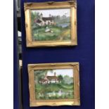 Pat Langton (British, 1931) cottage scenes with figures, signed L.R, oil on board, 19cm x 24cm, gilt