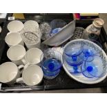Quantity of Royal Worcester coffee mugs, six blue glass sundae dishes, various china and glass