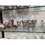 Six piece Arts and Crafts pewter tea service, nine goblets and some glassware