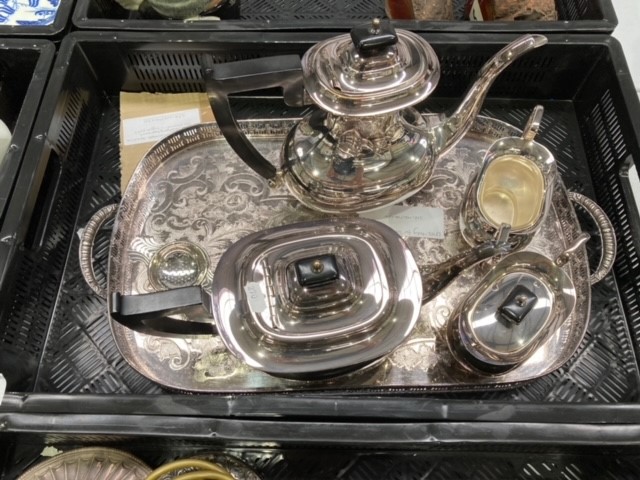 Four piece EPNS tea set and tea strainer on stand