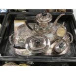 Four piece EPNS tea set and tea strainer on stand