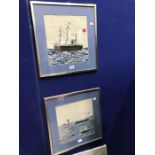 Pair of naïve marine woolwork samplers, 36cm x 32cm, framed, together with an oil of a man with a co