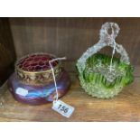 A Kralik style iridescent ruby glass posy bowl, squat ogee form, metal wired cover with embossed tra