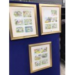 Three framed cartoon colour prints, incorporating animals various humorous situations, 40cm x 34cm (