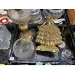 Brass oil lamp with cut glass reservoir and etched glass shade, quantity of glassware