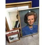 Two portraits of Margaret Thatcher and five sepia prints of Stoke on Trent, framed (7)