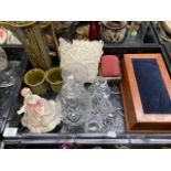 Tunbridge ware pin cushion, wooden box, Royal Doulton figure, various china and glass