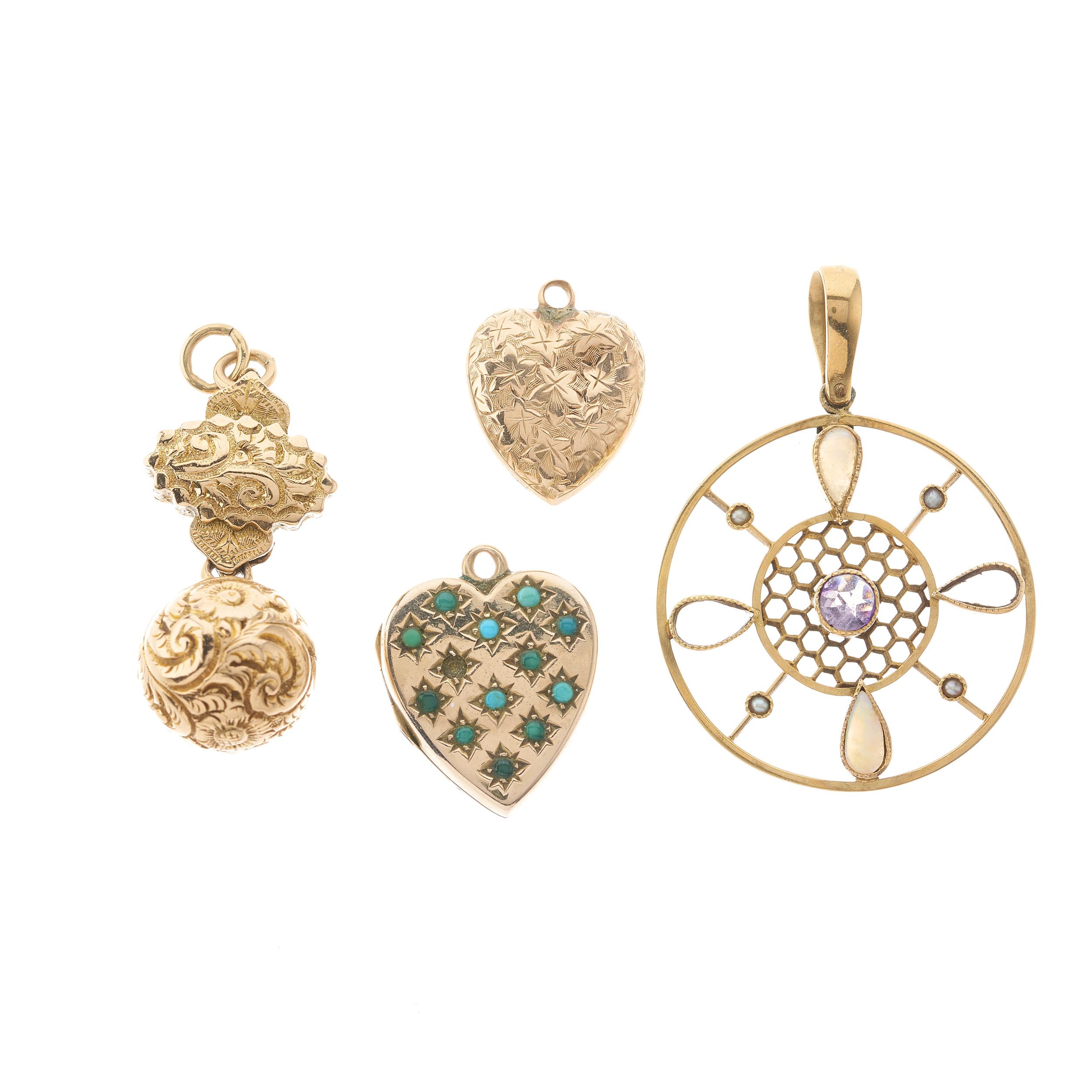 Four early 20th century gold gem-set pendants