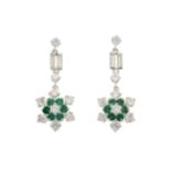 A pair of diamond and emerald floral cluster drop earrings