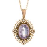 A Victorian gold, amethyst and pearl pendant, with chain