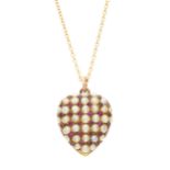An Edwardian gold, ruby and split pearl heart-shape pendant, with chain
