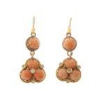 A pair of late 19th century gold, coral and diamond drop earrings