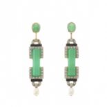 A pair of mid 20th century gold, jade, diamond, onyx and pearl geometric earrings