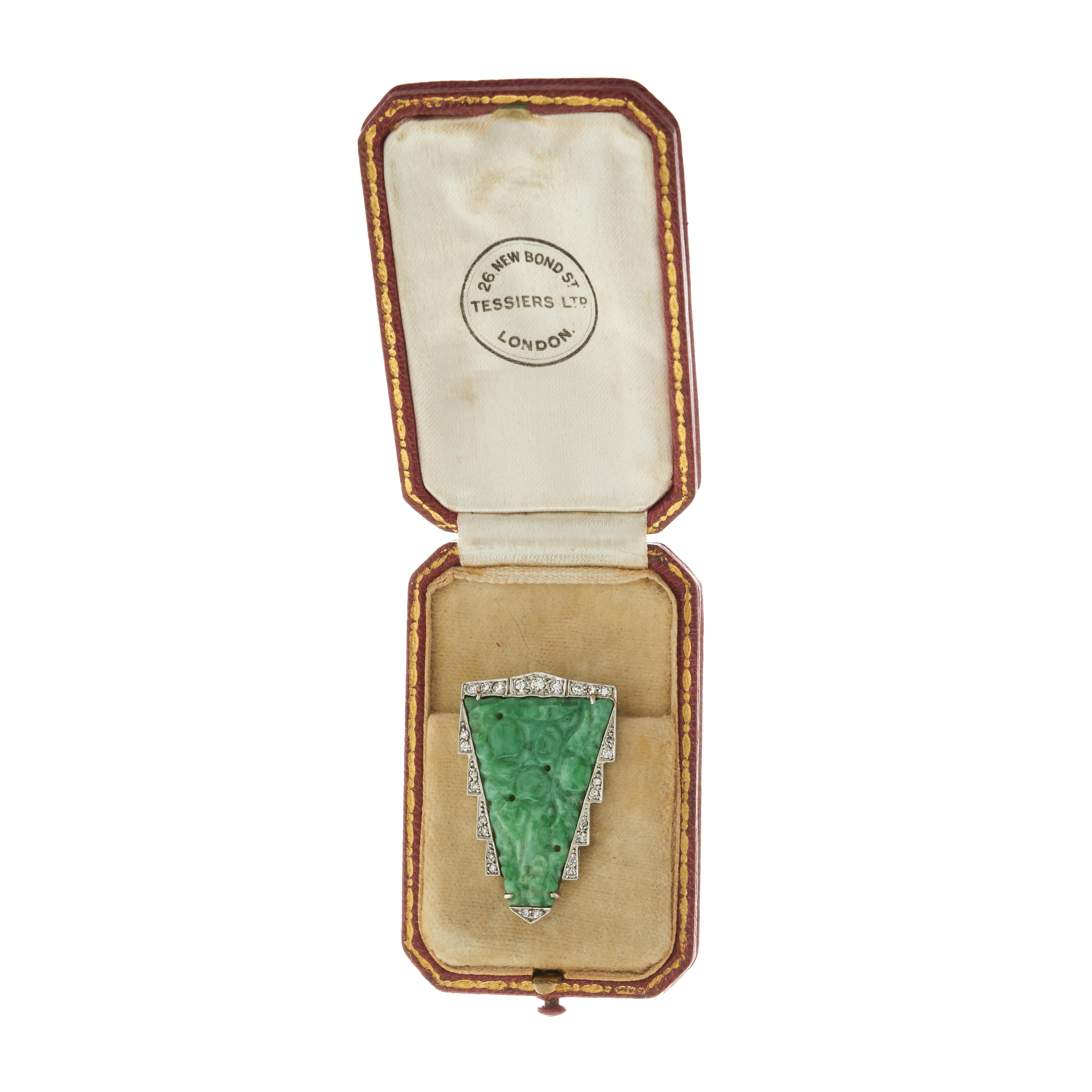 An Art Deco natural jadeite jade and diamond brooch - Image 3 of 4